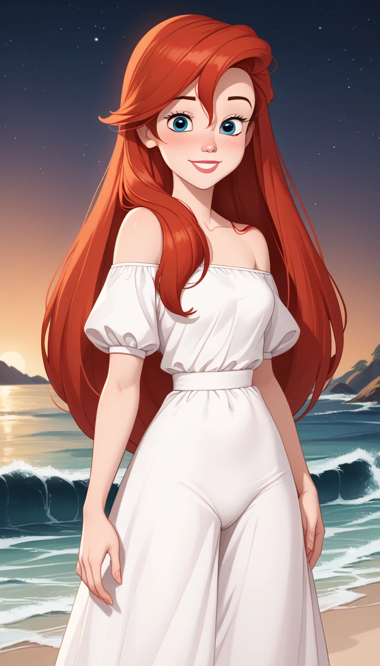 score_9, score_8_up, score_7_up, DisneyAriel, 1girl, red hair, blue eyes, long hair, looking at viewer, on a white off the shoulders ruffle maxi dress, short sleeve, standing on the beach, waves gently lapping at the shore, night skies with blue and purple hues with sparkling stars, relaxed and contemplative atmosphere, upper body, smile, arms at side