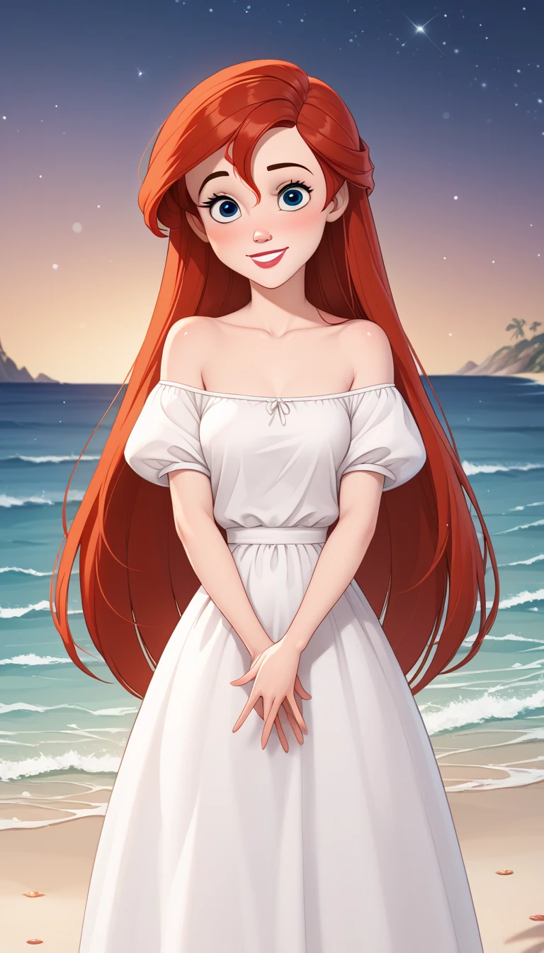 score_9, score_8_up, score_7_up, DisneyAriel, 1girl, red hair, blue eyes, long hair, looking at viewer, on a white off the shoulders ruffle maxi dress, short sleeve, standing on the beach, waves gently lapping at the shore, night skies with blue and purple hues with sparkling stars, relaxed and contemplative atmosphere, upper body, smile, arms at side