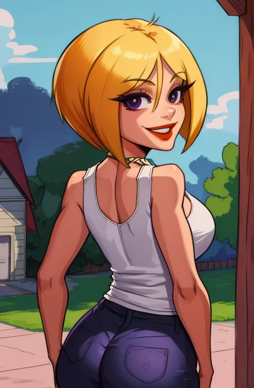 Nazz, short blonde hair, red lips,  smiling, black eyes,  looking back, 
 black undershirt, white tank top,  purple pants, loose clothes,
 outside,   park,  
standing,   from behind,  ass, 
toon \(style\), 
(insanely detailed, beautiful detailed face,beautiful detailed eyes, masterpiece, best quality) 
 