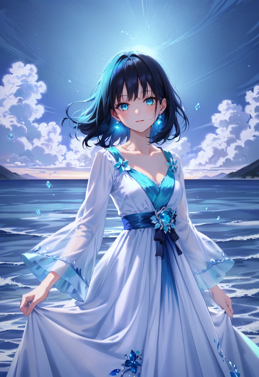 masterpiece, best quality, highres, absurdres, 4k resolution, official art, source_anime, waist up, expressive eyes, female, youthful, teenager, young, beautiful, looking at viewer, black hair, night hair, long hair, flat hair, straight hair, long sidelines, aqua blue eyes, aqua glowy earrings, fair skin, collarbone, celeste blue gown, white dress, wide sleeves, regal attire, royalty, water theme, sapphire, water element, blue sky background, exterior, 