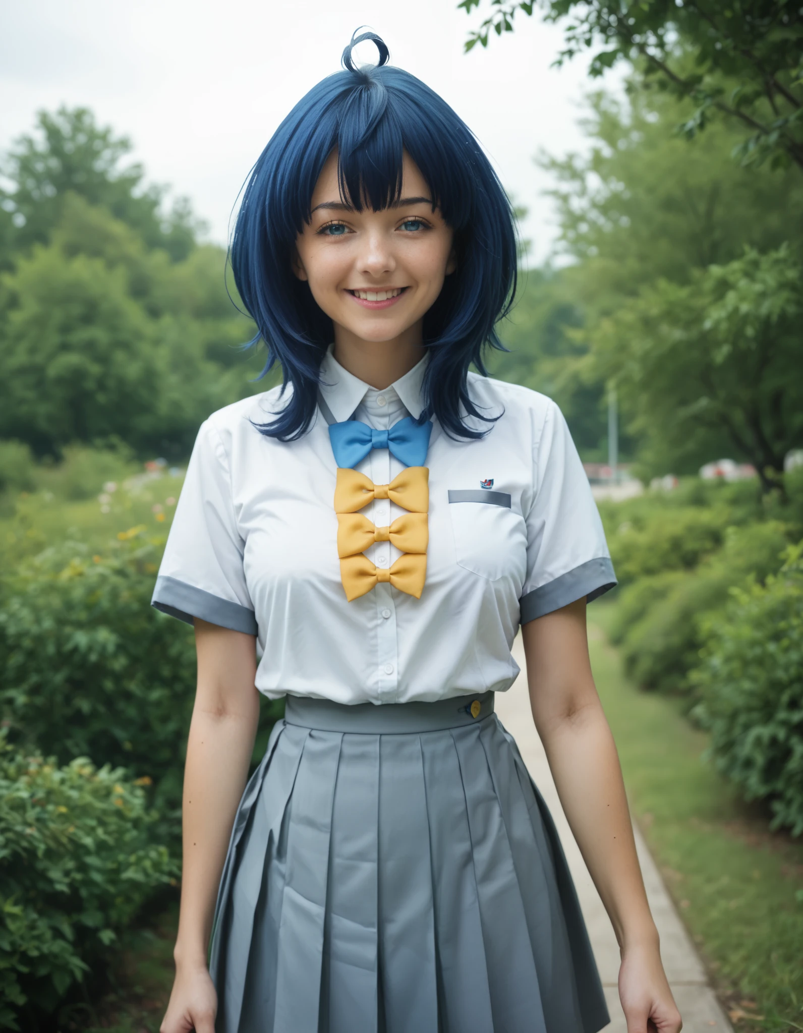 Masterpiece, realistic, cosplayer, hd, best quality, annayanami, medium hair, blue eyes, ahoge, blue hair, medium breasts, skirt, shirt, bow, school uniform, white shirt, short sleeves, pleated skirt, bow tie, yellow bow, gray skirt, yellow bow tie, blue bow, blue bow tie, standing, outdoor, smile