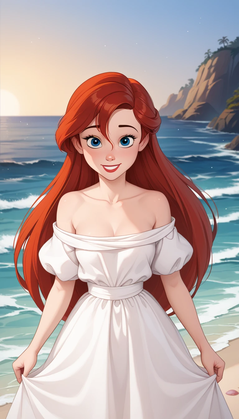 score_9, score_8_up, score_7_up, DisneyAriel, 1girl, red hair, blue eyes, long hair, looking at viewer, on a white off the shoulders ruffle maxi dress, short sleeve, standing on the beach, waves gently lapping at the shore, night skies with blue and purple hues with sparkling stars, relaxed and contemplative atmosphere, upper body, smile, arms at side
