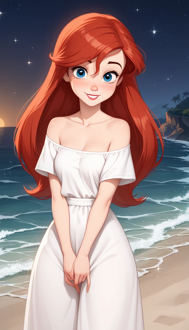 score_9, score_8_up, score_7_up, DisneyAriel, 1girl, red hair, blue eyes, long hair, looking at viewer, on a white off the shoulders ruffle maxi dress, short sleeve, standing on the beach, waves gently lapping at the shore, night skies with blue and purple hues with sparkling stars, relaxed and contemplative atmosphere, upper body, smile, arms at side
