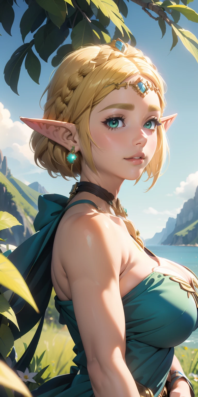 extreme quality, cg, detailed face+eyes, playful smile, (bright colors), (anime), 1woman, Milf, 30 years old, impact, (Voluptuous:1.3), goddess, time stop, fantasy, (Elf), (big breast:1.4), pointed ears, beautiful jewels, clouds, long curly ash blonde hair, (soft headband), masterpiece, top tier, extravagant, 8k, unity wallpaper, unreal engine 5, ray tracing, 8k, cinematic, varied depth of field, octane render, elegant, tone mapping, hyper-focus, parted lips, arms behind back, dappled sunlight, (spring), nature, princess dress, upper body photo, (morning glow), Curvaceous, (mint green eyes), horizon, picturesque scenery, deep cleavage, trees, looking at the viewer lovingly, (forest), 