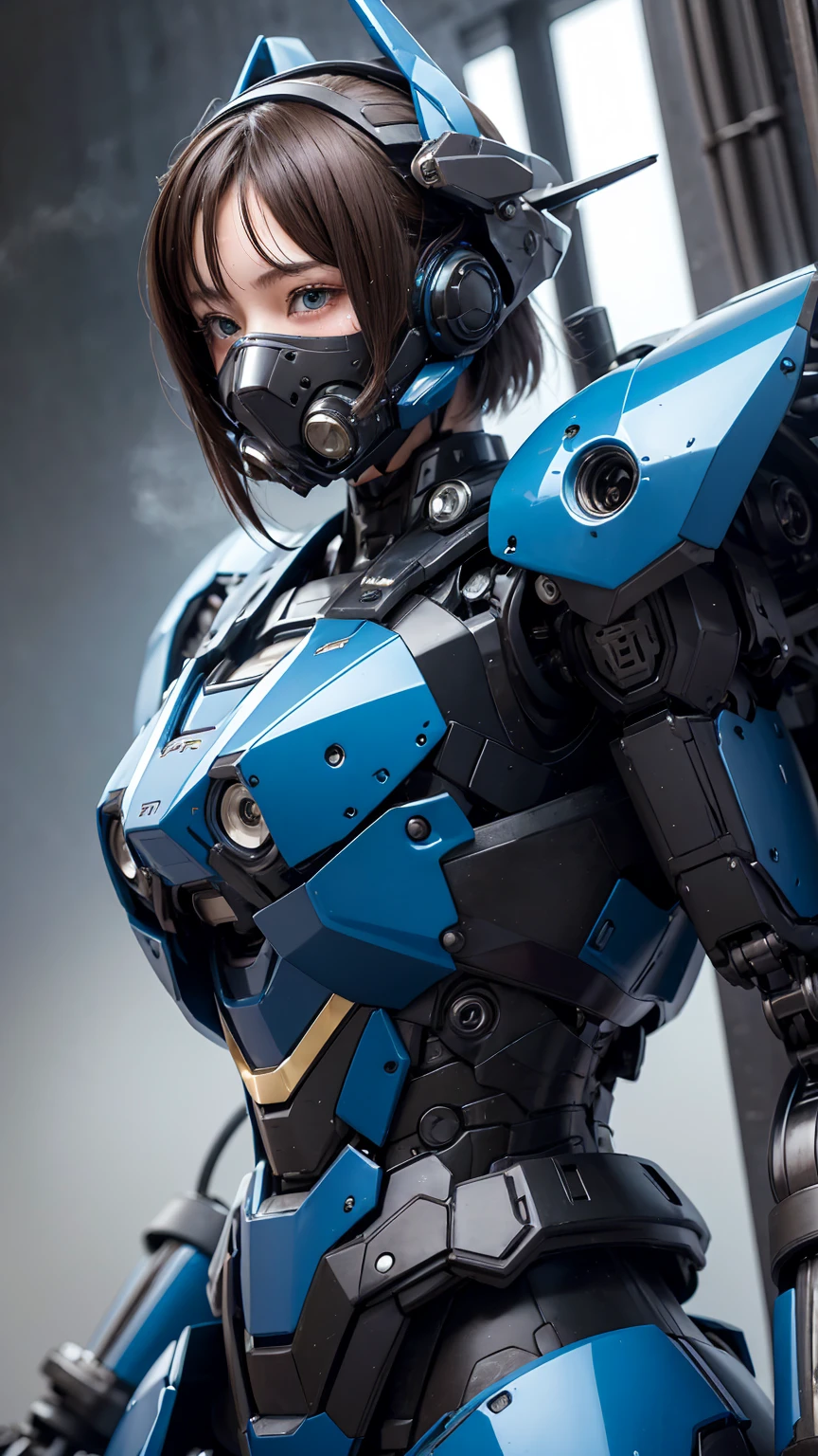 最    High Quality   非常に    Details,     Details,     High Quality   , 最    High Quality   ,     kampala, 1080P,    hard disk   , beautiful,(War Machine),(  Perfect Headgear  ),See the whole picture,beautifulサイボーグ女性, green mecha cyborg    girl holding a robot head with both hands,BATTLE MODE,Mecha Body Girl　8k blue body armor 　    girl　Sweaty face　Droopy eyes　    short hair  　    gas mask with extended nozzle    　    boyish   　 steam coming out of her head 　    her hair is wet from sweat   　  brown hair,    mouth   　  The bed is close to the goal 　    no exposed skin under the face  　