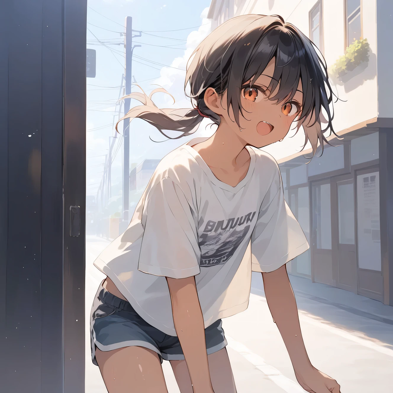 score_9, score_8_up, score_7_up, source_anime, best quality, masterpiece, official art, absurdres, highres, ultra-detailed,waifu2x,Collection: Slice of Life,break,1girl, tomboy, dark-skinned female, short hair, low ponytail, flat chest, beautiful detailed eyes, short shorts, sweat, open mouth, (yawn:0.3), sleepily, outdoors, wind, break,(clear line illustration:1.2),very high resolution, very aesthetic, super detailed skin, Best sexual lighting powered by famous artist, 8k,cute picture,beauty illustration,photoshop_(medium),,(Detailed Lighting),best anime 8k konachan wallpaper, pixiv contest winner,
