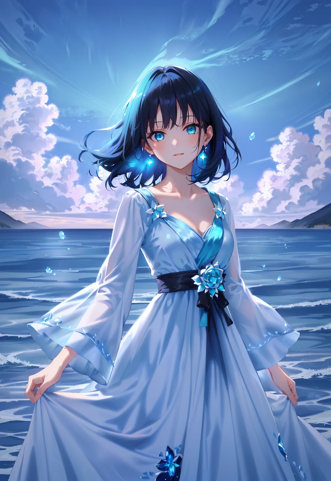 masterpiece, best quality, highres, absurdres, 4k resolution, official art, source_anime, waist up, expressive eyes, female, youthful, ager, young, beautiful, looking at viewer, black hair, night hair, long hair, flat hair, straight hair, long sidelines, aqua blue eyes, aqua glowy earrings, fair skin, collarbone, celeste blue gown, white dress, wide sleeves, regal attire, royalty, water theme, sapphire, water element, blue sky background, morning sky, bright sky, exterior, 