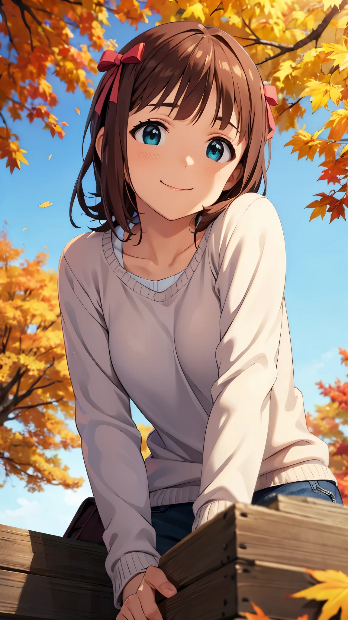 1 girl, alone, haruka amami, casual autumn clothes, standing, (leaning forward: 1.3), looking at viewer, (smile: 1.2), In the forest of autumn leaves, (blue sky, view from below, Composition that shows the sky), CG, unity, 8k, wallpaper, highest quality, masterpiece, best lighting, complex pupils, complex textile, detailed face, detailed eyes, detailed background