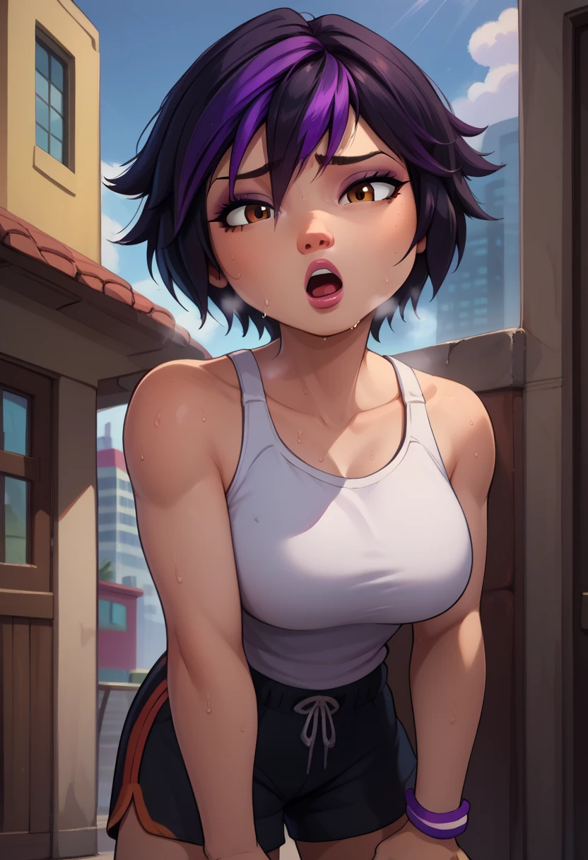 score_9, score_8_up, score_7_up, BREAK,gogotomago, 1girl, solo, short hair, black hair, jewelry, lo purple hair, bracelet, makeup, casual, cowboy shot, brown eyes, looking at the viewer, large breasts,outdoors,city, hands on knees, white tanktop, sweaty, black shorts, sweating profusely, open mouth, exhausted, heavy breathing