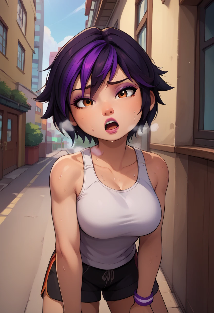 score_9, score_8_up, score_7_up, BREAK,gogotomago, 1girl, solo, short hair, black hair, jewelry, lo purple hair, bracelet, makeup, casual, cowboy shot, brown eyes, looking at the viewer, large breasts,outdoors,city, hands on knees, white tanktop, sweaty, black shorts, sweating profusely, open mouth, exhausted, heavy breathing