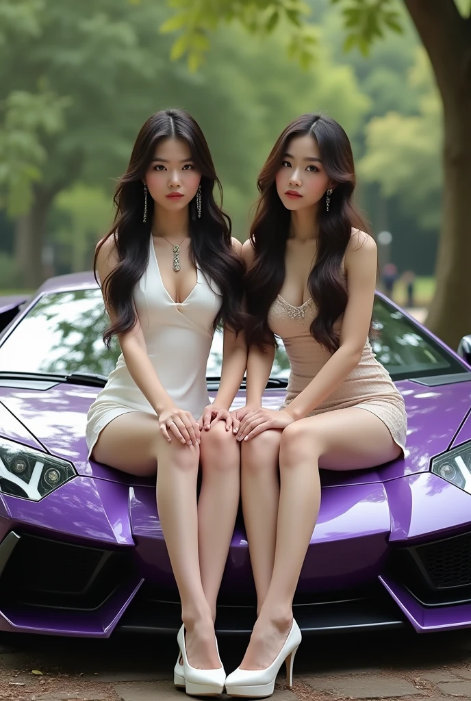 2 naked GIRLS, 2 beautiful korean girls, 20 years old, kpop style, light brown long wavy hair, sexy slim body, long legs, wide thigh gap, standing front view in indoor car expo. She's wearing no clothes,((from below, low angle:1.4)), evening time. They're standing by a white sports car, seductive facial expression, open legs, pussy