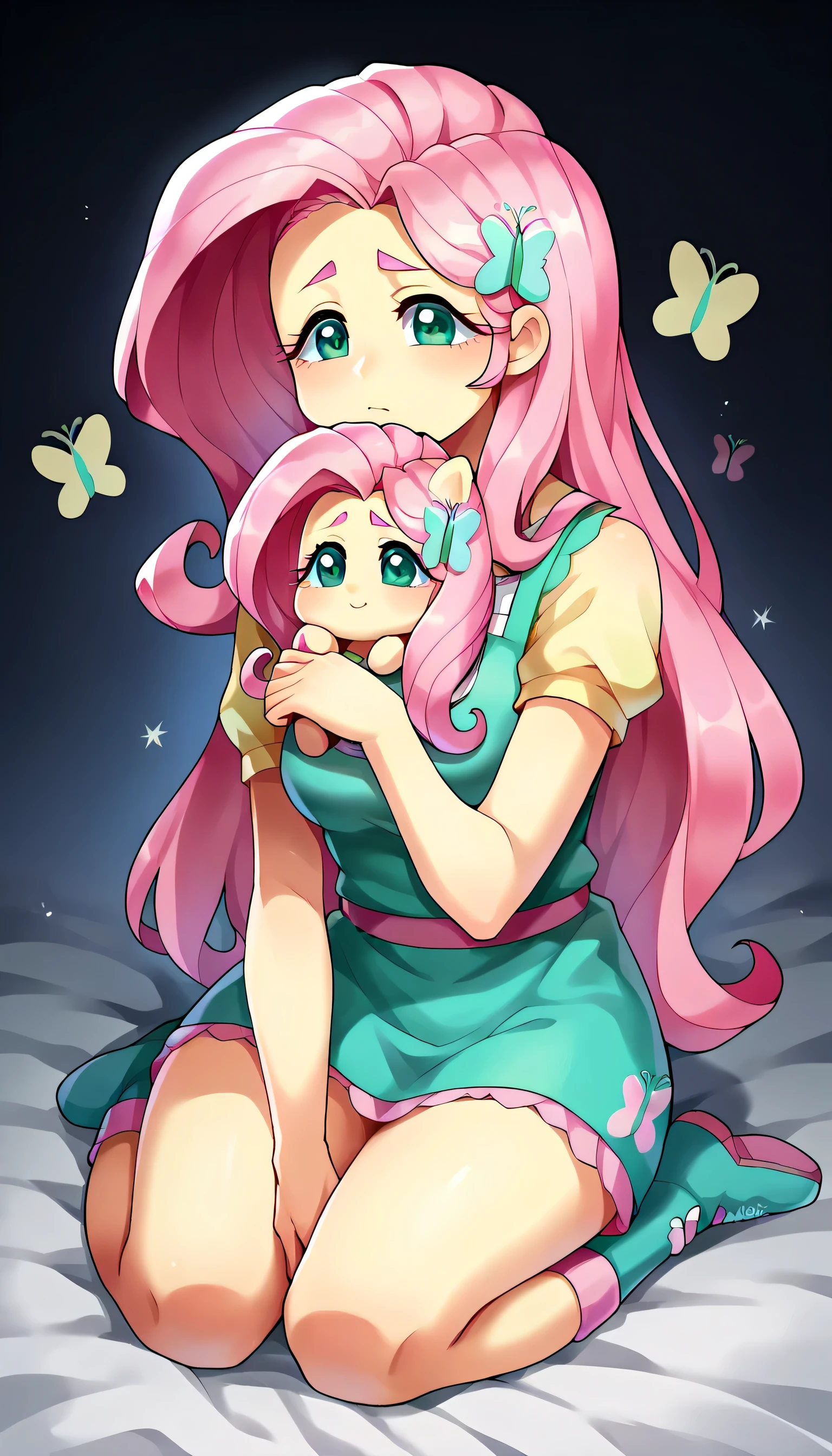 fumo \(doll\), chibi, sitting,Fluttershy, human, humanized, equestria girls, green eyes, pink hair, long hair, yellow skin, colored skin,