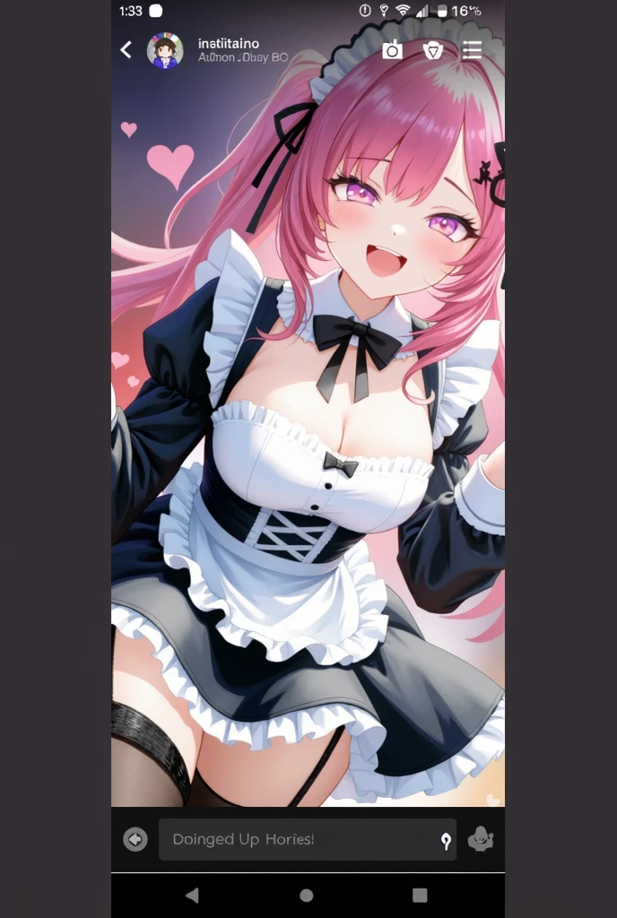 nsfw, 1 girl, game CG, topless frilly maid outfit, cleavage visible, short skirt, maid hair ornament, maid small apron, black garter belt, gigantic breasts, pink hair, long hair, low twintails, princess hairstyle, ahoge , pink eyes, indoors, 1boy, vaginal sex, (cum:1.5), open legs, on back, lying down, pov,