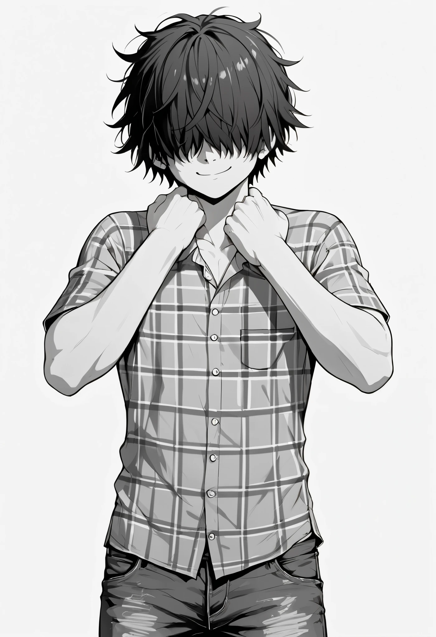 score_9_up, score_8_up, score_7_up, 1boy, solo, source_anime, , ((sfw, rating: general)), (, young boy), monochrome, lineart BREAK
Messy hair, bob cut, hair covered eyes BREAK
Plaid shirt, denim pants BREAK
Standing, smile, closed mouth BREAK
Standing, white background, simple background, front view BREAK