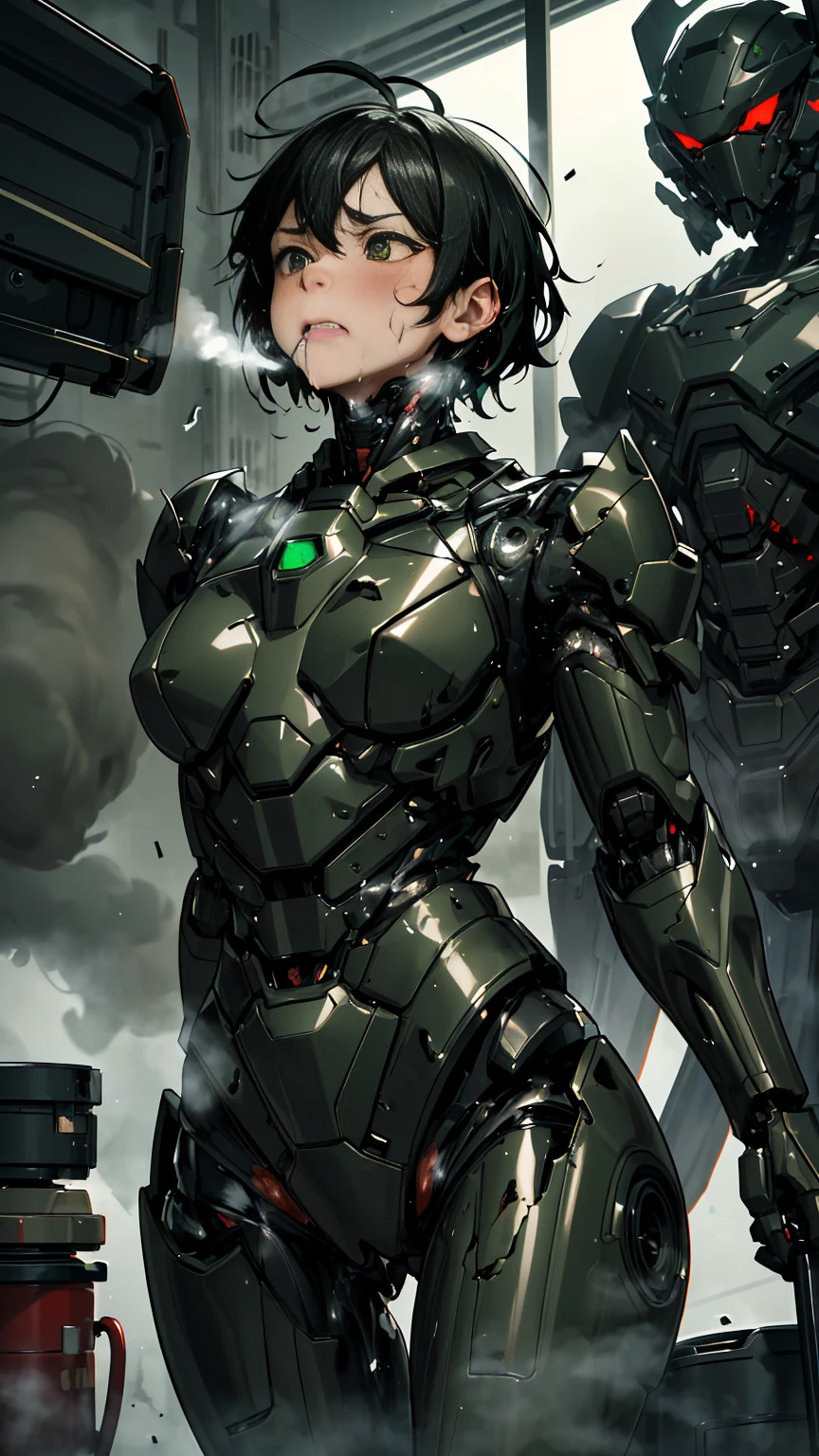 ,  非常に Detailsな,  Details,  high image quality, 最 high image quality,   high definition  , 1080P 、 smoke coming out of the wound  　、  wearing green and black clothes 、cute((全身のSerious damage))(  injured woman in robot suit  ...)()(Broken Armor)((  cracks are spreading  ))(Black  smoke coming out of the wound  )  black hair 、   boyish short hair with a nozzle extending from her vagina、 close contact cyber helmet shatters 　Torn Armor、  wet hair  、 closes the eye　Faint with mouth open、( steam coming out of the body )Sweaty face、It hurts again、((Serious damage))、saliva splashes out of her mouth 、saliva dripping from the mouth、 Female adult 　walk short distance　 injured woman wearing a robot suit that doesn't show skin around her neck  　( steam coming out of face ) (( black smoke coming out of the wound  ))  Visible to the naked eye  　saliva　(Put on a stretcher )  lying in bed 　 chest opened using HDR　Armor is peeling  