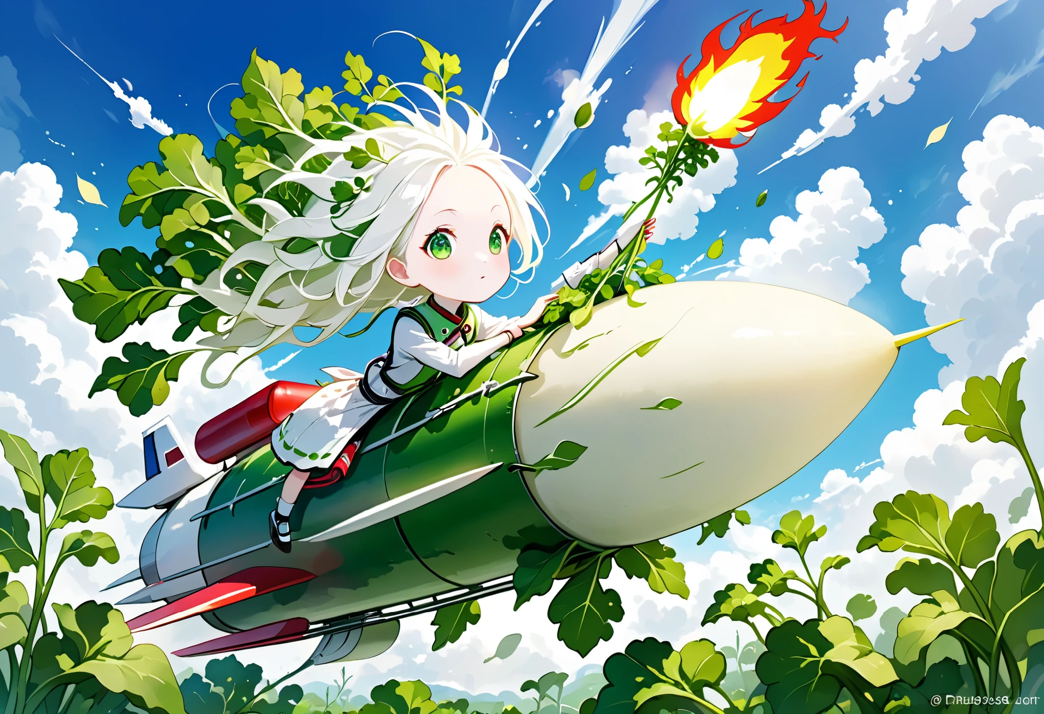 Digital art, Daikon lady on rocket, green eyes, radish leaves growing from head, pure white skin and hair,

Rocket looks like Daikon, flames of rocket's jets green,

Masterpiece, best quality