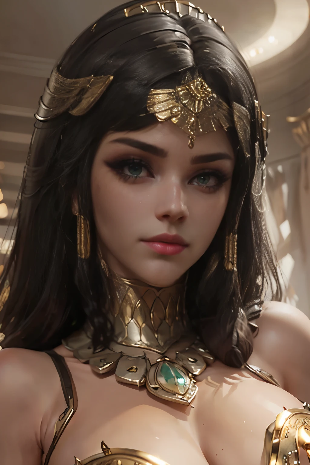 hyper realistic portrait shot of a beautiful egyptian queen, looking down proudly on the camera with her expressive green eyes, tanned skin tone , thin nose , black braided bob hair with golden accessories and jewelries , wearing a white see tough dress