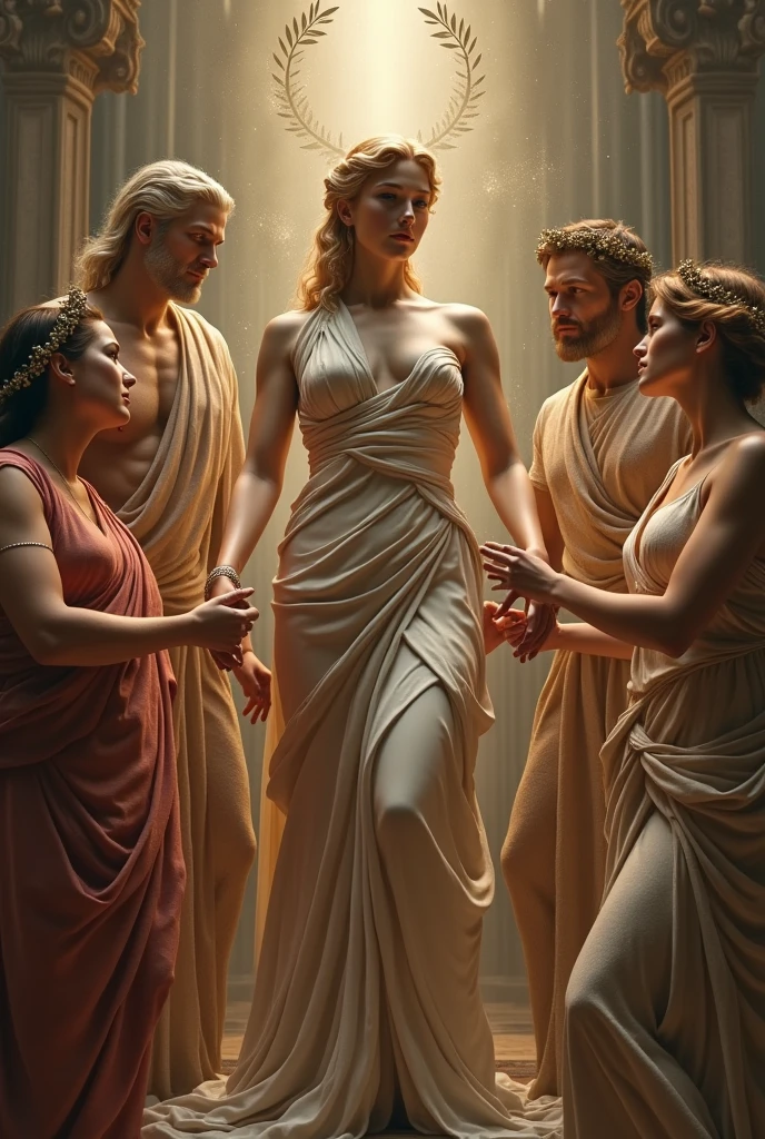 Create an image with the goddess Persephone in the middle and beside her Zeus and the God Apollo, only her and the two. Leave Zeus at the same height as Apollo. Persephone with brown hair and beardless Apollo. Not very humanized. The 3 looking forward, I don't want anything sexualized.
Zeus with white hair, I apologize for the beard, not too big, Zeus just a little stronger than Apollo. The 3 seated on a throne