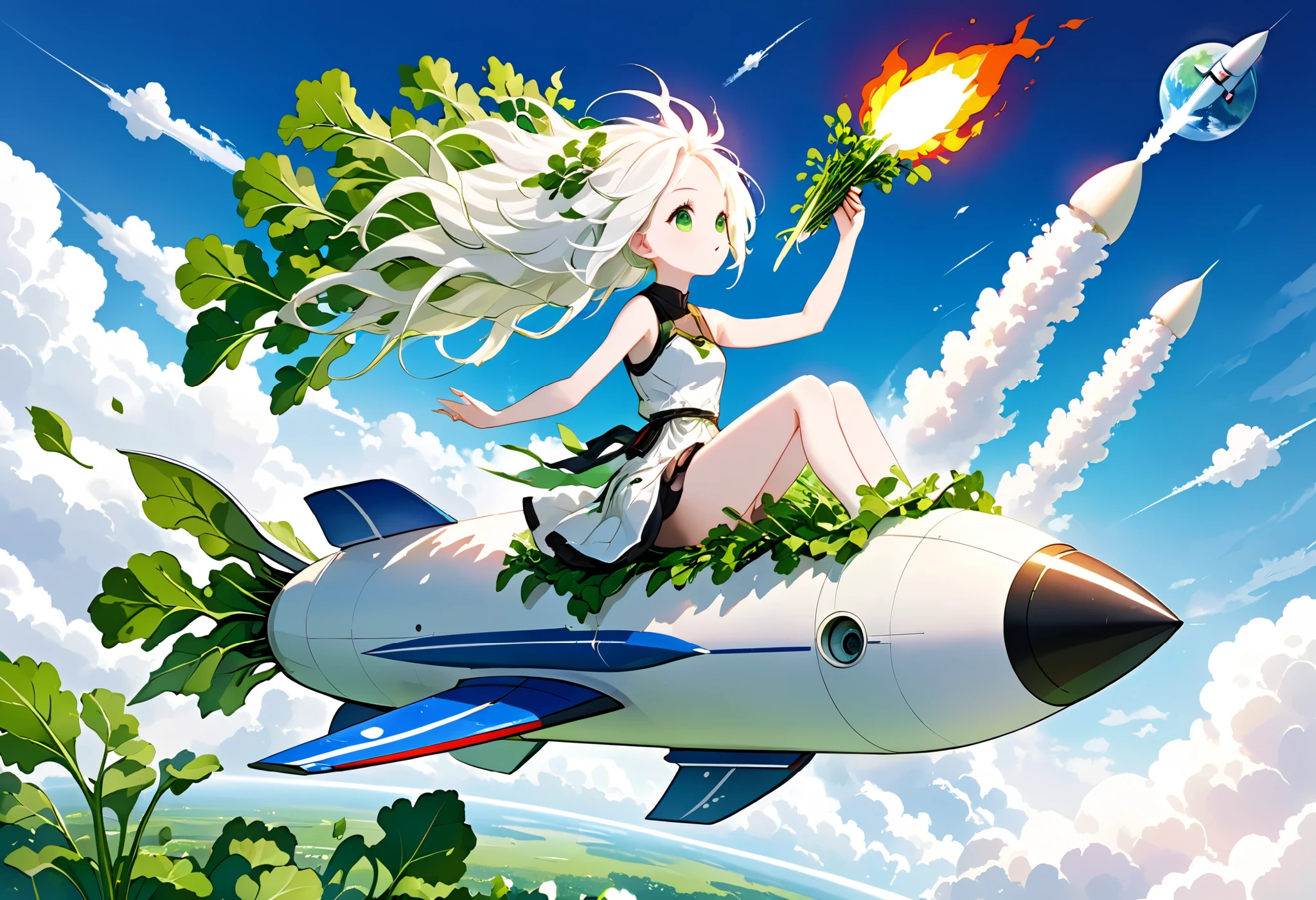 Digital art, Daikon lady sitting on rocket and flying in sky, green eyes, radish leaves growing from head, pure white skin and hair,

Rocket looks like Daikon, flames of rocket's jets green,

Masterpiece, best quality