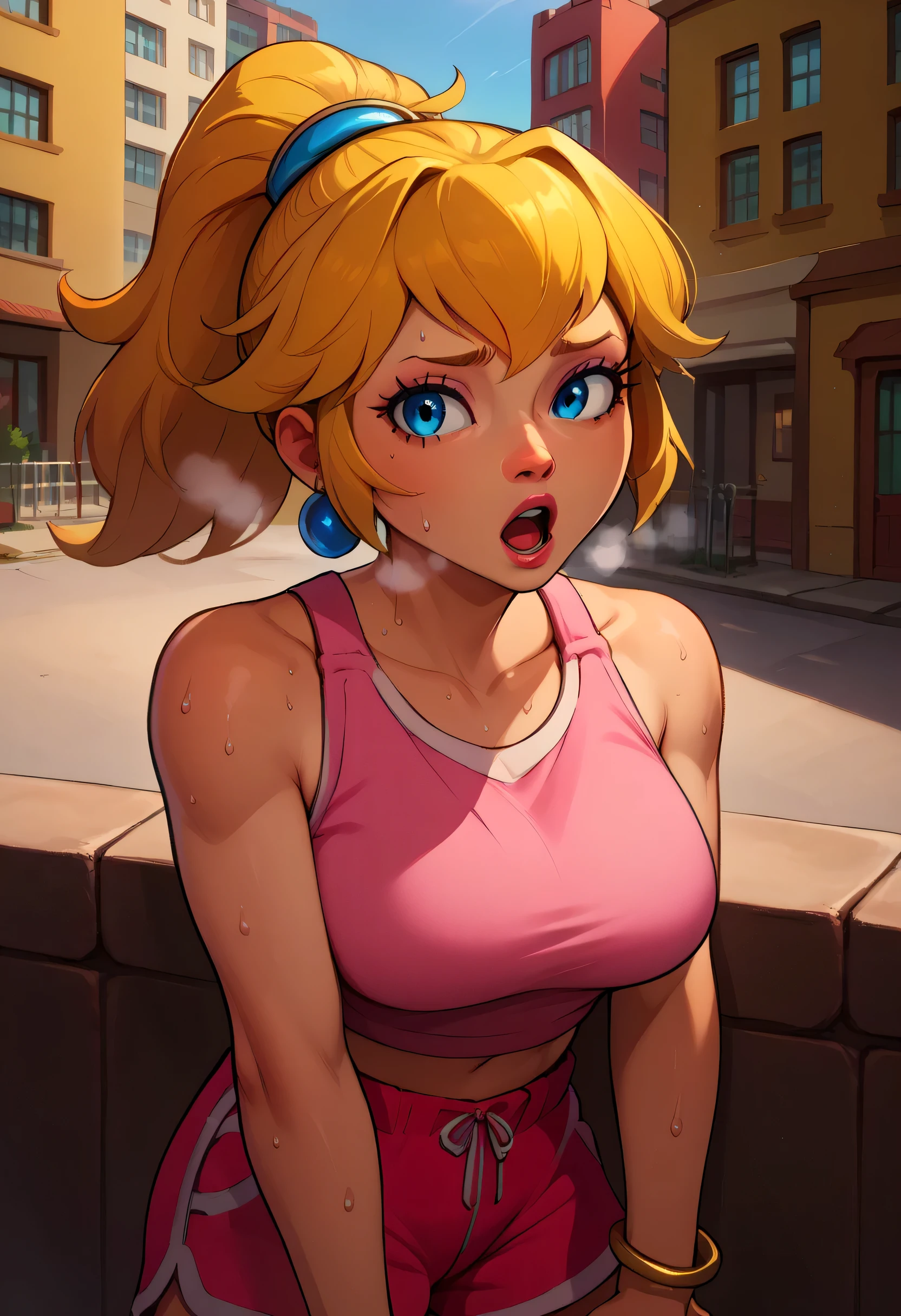 score_9, score_8_up, score_7_up, BREAK,princesspeach, 1girl, solo, , blonde hair, ponytail, jewelry, bracelet, makeup, casual, cowboy shot, blue eyes, looking at the viewer, large breasts,outdoors,city, hands on knees, pink tanktop, sweaty, pink shorts, sweating profusely, open mouth, exhausted, heavy breathing
