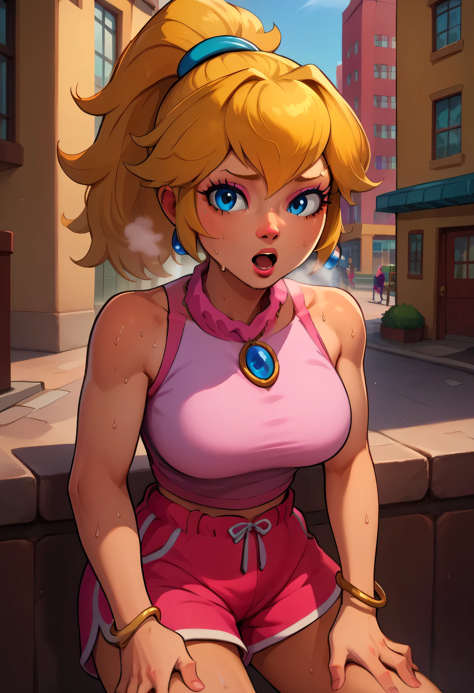 score_9, score_8_up, score_7_up, BREAK,princesspeach, 1girl, solo, , blonde hair, ponytail, jewelry, bracelet, makeup, casual, cowboy shot, blue eyes, looking at the viewer, large breasts,outdoors,city, hands on knees, pink tanktop, sweaty, pink shorts, sweating profusely, open mouth, exhausted, heavy breathing