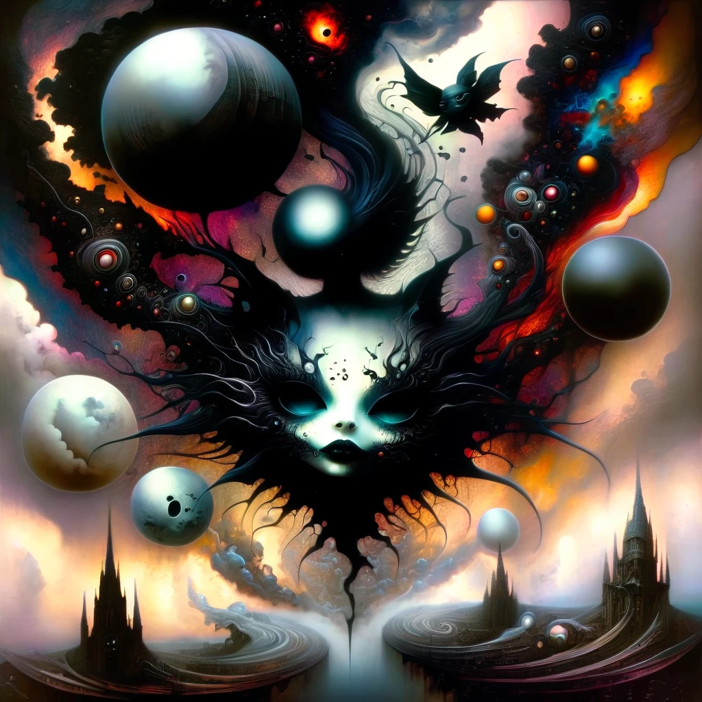 In a dark whimsical, starkly cartoon world, a kaleidoscope of flying objects swirls against surreal macbre landscapes, inspired by the ethereal sounds of death rattles.Gentle mews and horrific fantasy converge as vibrant colors, dark matter and exaggerated shapes come alive. A visceral realm unfolds, reminiscent of HP Lovcrafts mythos, Broms distinctive art style. Against a backdrop of angrily moody clouds and falling bubble drip skies, photorealistic concept art by Karol Bak and Brad Kunkle captures the magic and mysteries of this world in motion. (art inspired by dark Goth Neo Traditional). oil painting) Hyperstylized, hyper detailed, hyper surrealistic insanity