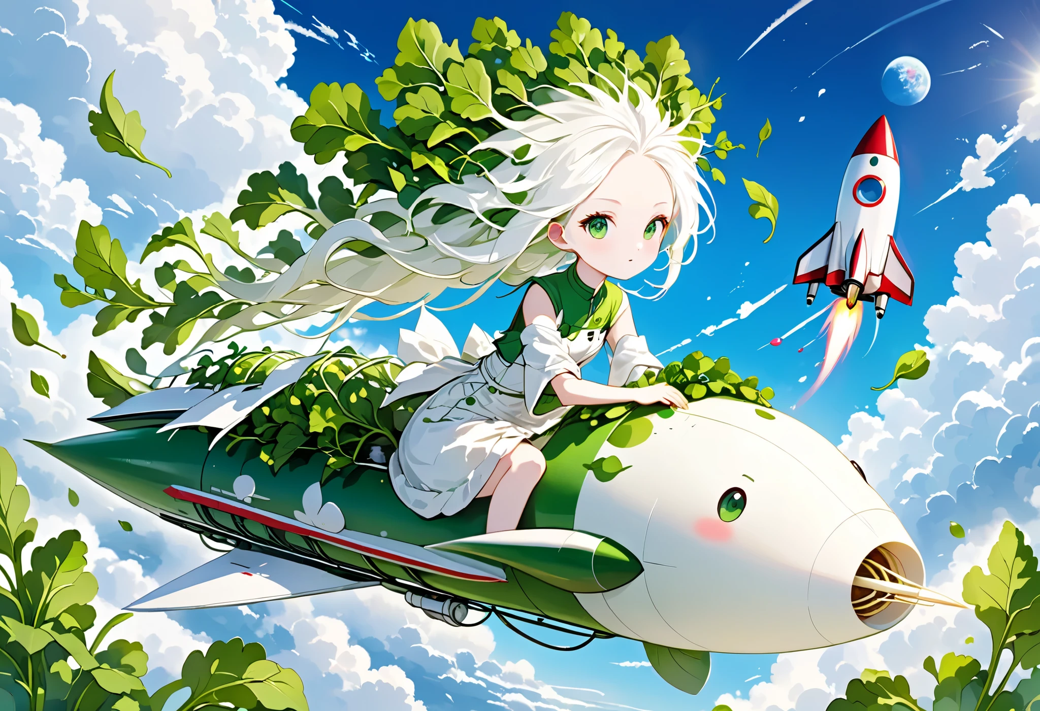 Digital art, Daikon lady sitting on rocket and flying in sky, green eyes, radish leaves growing from head, pure white skin and hair,

Rocket looks like Daikon, flames of rocket's jets green,

Masterpiece, best quality