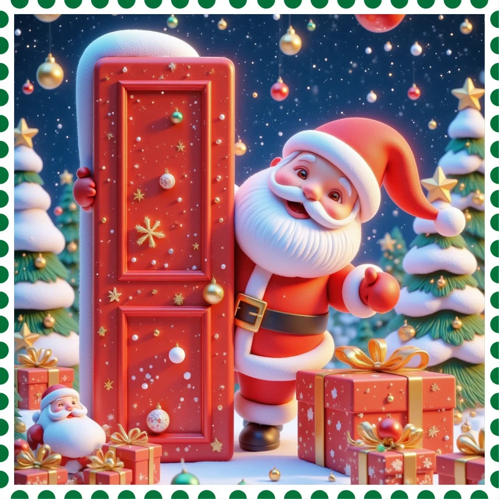 3D illustration of a cute Santa Claus peeking out from behind a red door, in the style of Pixar, a huge gift box , a pure clean background, a red and white color scheme, and minimalist art, with high resolution, high detail, and high quality.