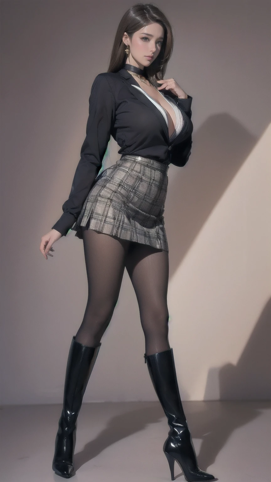 masterpiece,  top quality,  high definition ,  Big Breasts ,  Thin Waist,  long legs , Thin legs, Business shirts, Roll up your sleeves,  Plaid Skirt ,  pantyhose, Tight long boots,  high heels, Earrings,  choker