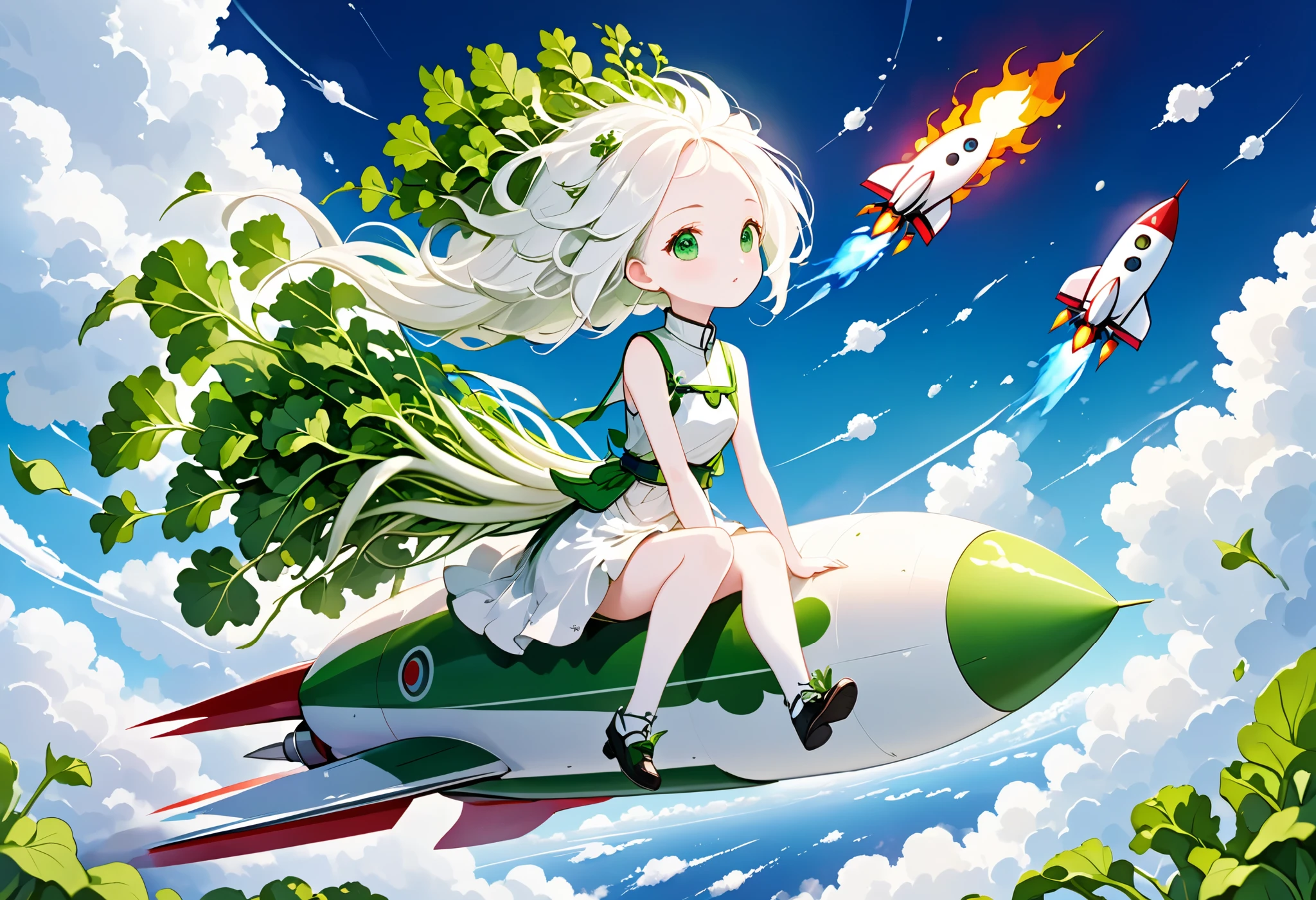 Digital art, Daikon lady sitting on rocket and flying in sky, green eyes, radish leaves growing from head, pure white skin and hair,

Rocket looks like Daikon, flames of rocket's jets green,

Masterpiece, best quality