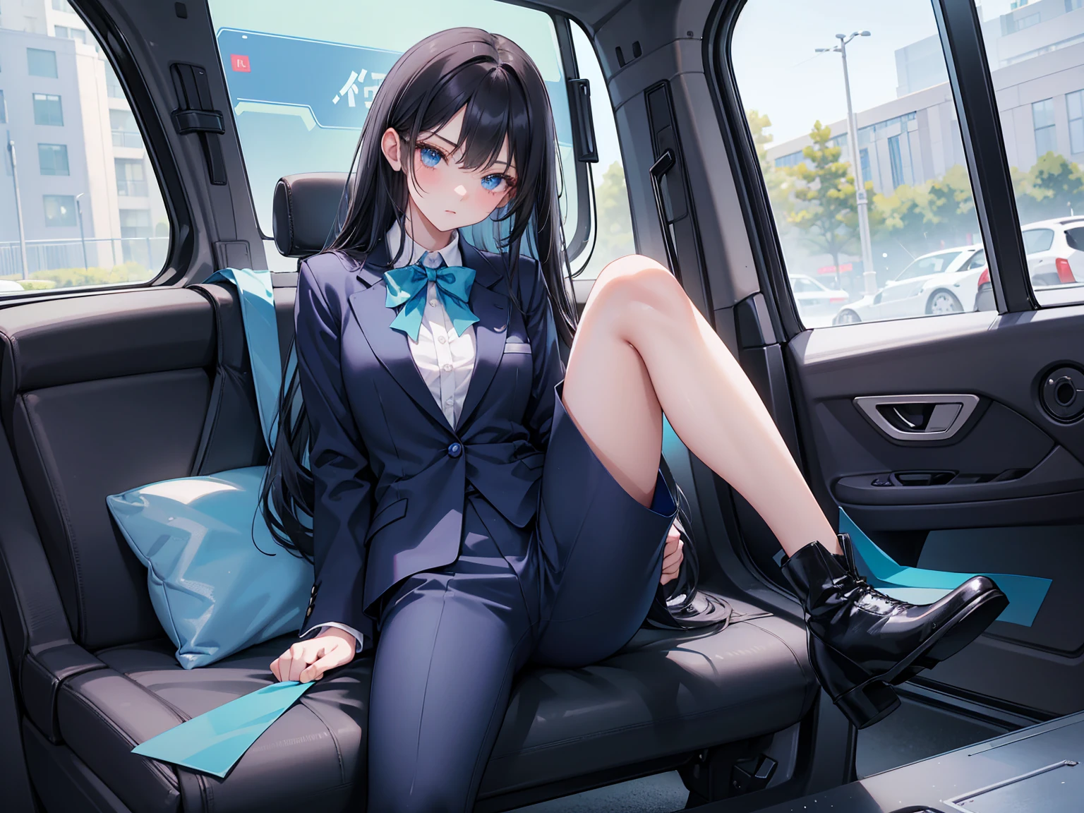  high school student ， Has long, dark hair ， with warm blue eyes ， Wore a fresh blue suit and black boots ， pure white collar and bright green bow 。 has long dark hair and warm blue eyes ， sitting in a car seat ， Striking a seductive pose,Spread your legs,The lower body protrudes