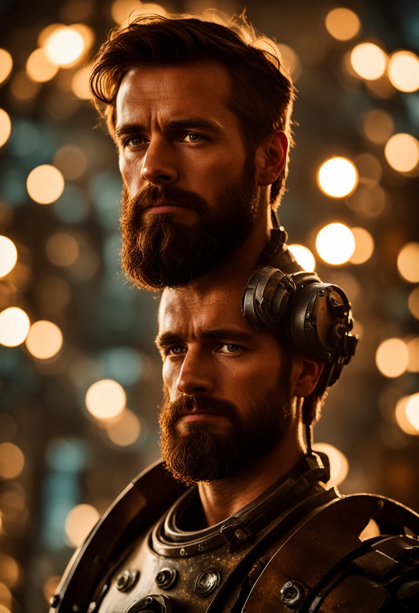 Portrait photo of muscular bearded guy in a worn mech suit, ((light bokeh)), intricate, (steel metal [rust]), elegant, sharp focus, photo by greg rutkowski, soft lighting, vibrant colors, (masterpiece), ((streets)), (detailed face:1.2), (glowing dark brown  eyes:1.1)
