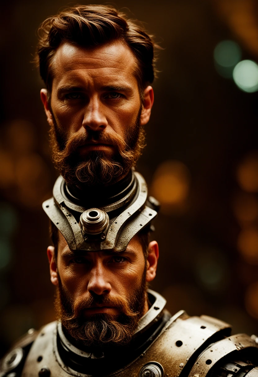 Portrait photo of muscular bearded guy in a worn mech suit, ((light bokeh)), intricate, (steel metal [rust]), elegant, sharp focus, photo by greg rutkowski, soft lighting, vibrant colors, (masterpiece), ((streets)), (detailed face:1.2), (glowing dark brown  eyes:1.1)
