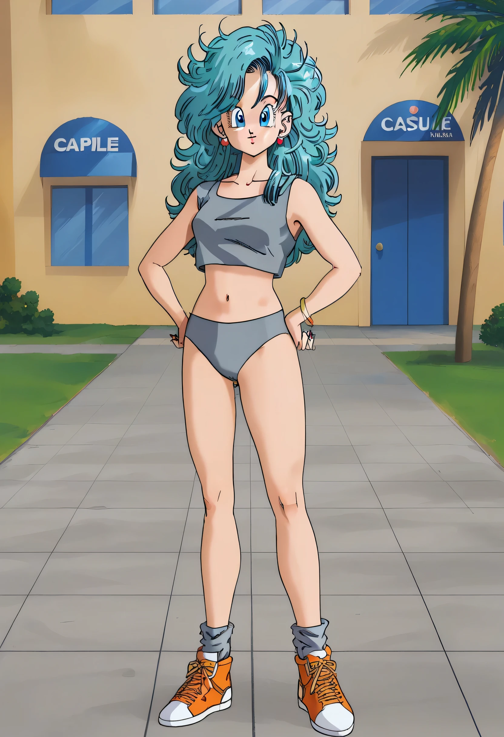 source_anime, score_9, score_8_up, score_7_up, anime screencap,
saiyan saga, bulma, messy hair, aqua hair, long hair, looking at viewer, blue eyes, 1girl, solo, long hair, looking at viewer, gray tank tops , gray bikini , big breaststud , belly , earrings , fingernails, hands on own hips , long legs , barefoots , middle city background , retro artstyle