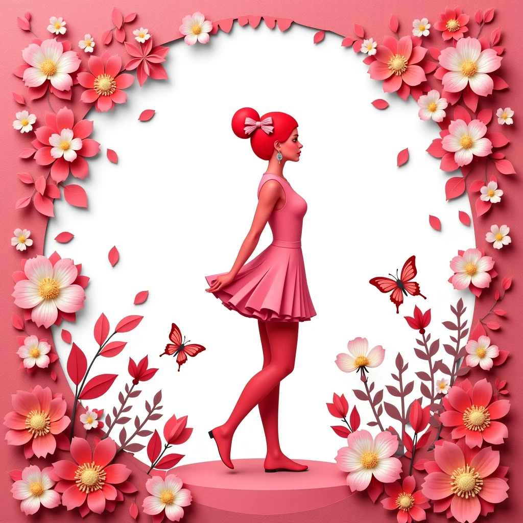 Solid background, Paper Cuttings style,Female silhouette,a few flowers, pink background, a few plant leaves, a few butterflies, a large area of white around, central composition 2.5D flat illustration style, illustration, rich details