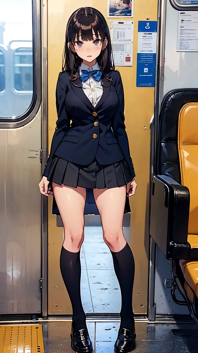 best quality,masterpiece,extremely detailed CG unity 8K wallpaper,very detailed,professional lighting,(nsfw:1.2),(midday,white daylight),in the train,(standing female masturbation,fingering  pussy:1.4),solo,school girl,(ethereal beauty,delicate eyes,adorable,round face),(brunette,long straight hair,blunt bangs),(small face,long legs,slim body build,perfect proportion,perfect figure),(big breasts),school uniform,(navy blazer:1.2),a bow tie,pleated skirt,(knee-high socks),(black loafers:1.4),(orgasm expression,skirtlift,pussy)