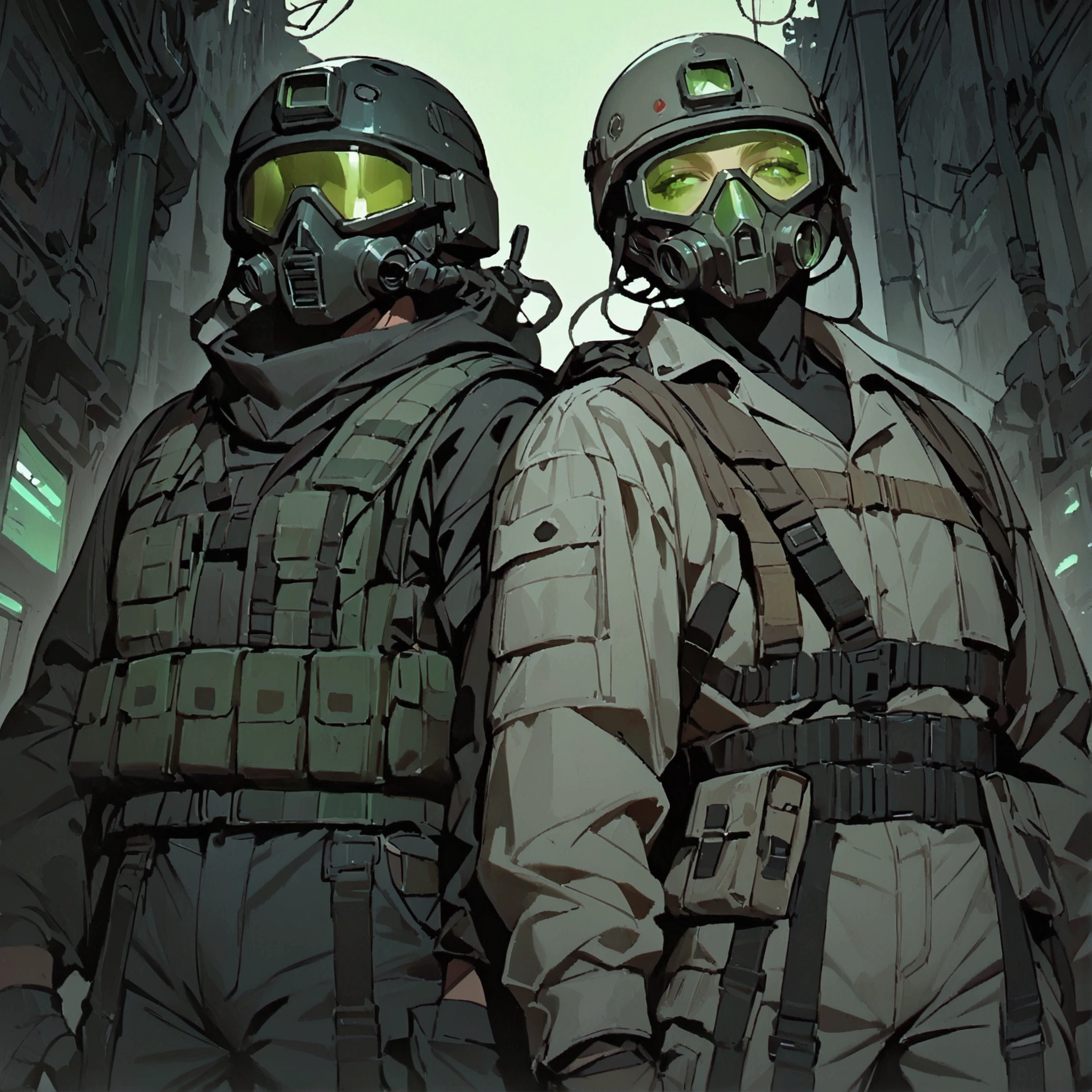 masterpiece, newest, absurdres, safe, high detailed, masterpiece. high detailed, male, relaxed, Male, Masculine, black shirt, tactical helmet with green lenses. grey coat, baggy cargo pants, black pants, baggy pants. sci-fi soldier. green lenses, grey coat, faceless. sci-fi, post apocalyptic. night vision goggles on top of the helmet, beige chestplate, mechanical mask, mechanical helmet,