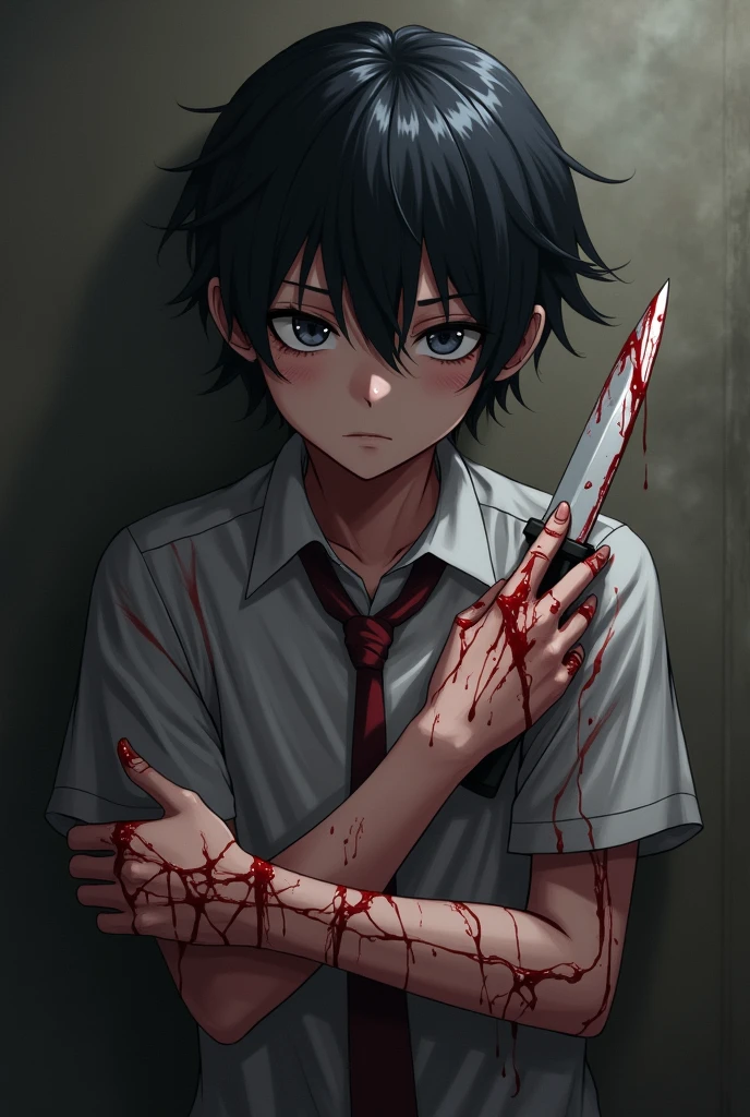 Anime boy suicide in his room cutting his wrist with cutter blood all over his body
