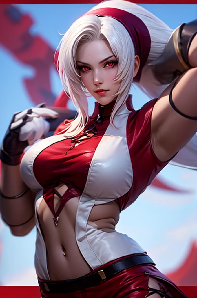 1woman, beautiful, detailed, large breasts, Full body, red eyes, gloves, long white hair, purple bandana hair, foxyms, belt, MASTERPIECE, beautiful face, beautiful body, look at viewer, detailed, perfect, pants