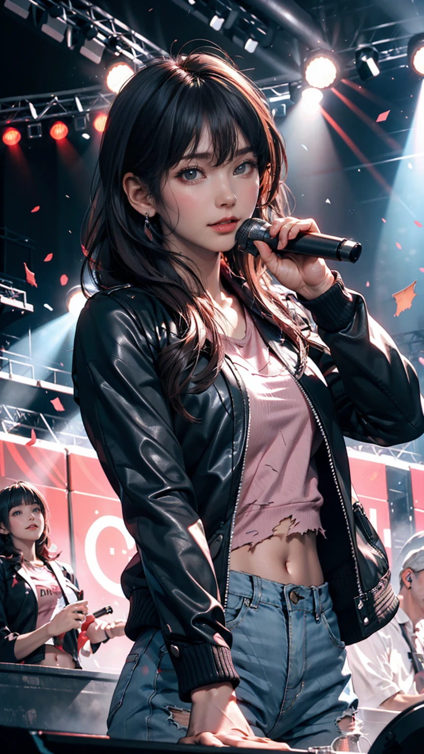   Masterpiece  ,  top quality,  1 girl ,  upper body, Jiro,  detail eyes,  pink shirt,  black jacket ,  torn clothes, concert, ( stage)