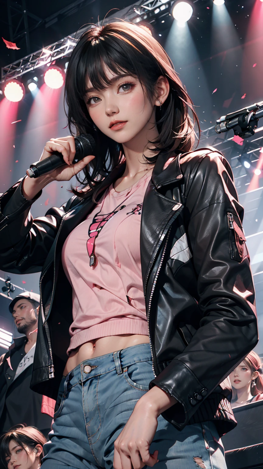   Masterpiece  ,  top quality,  1 girl ,  upper body, Jiro,  detail eyes,  pink shirt,  black jacket ,  torn clothes, concert, ( stage)