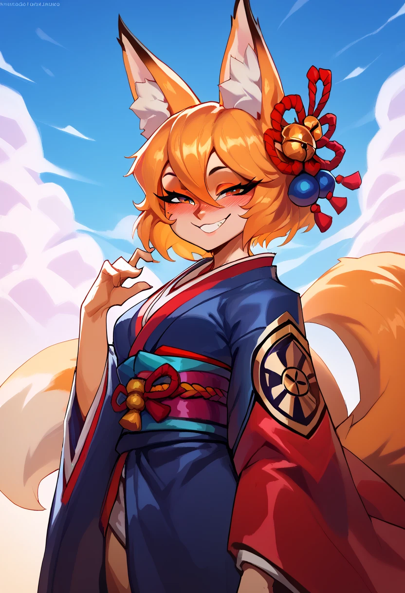 score_9, score_8_up, score_7_up, score_6_up, score_5_up, score_4_up, BREAK1girl,solo,fox ears,japanese clothes,animal ear fluff,sash,kimono,smile,blush,hair between eyes,wide sleeves,obi,sleeves past wrists,blue sky,blue sky, sunrise stance, (masterpiece), (best quality),