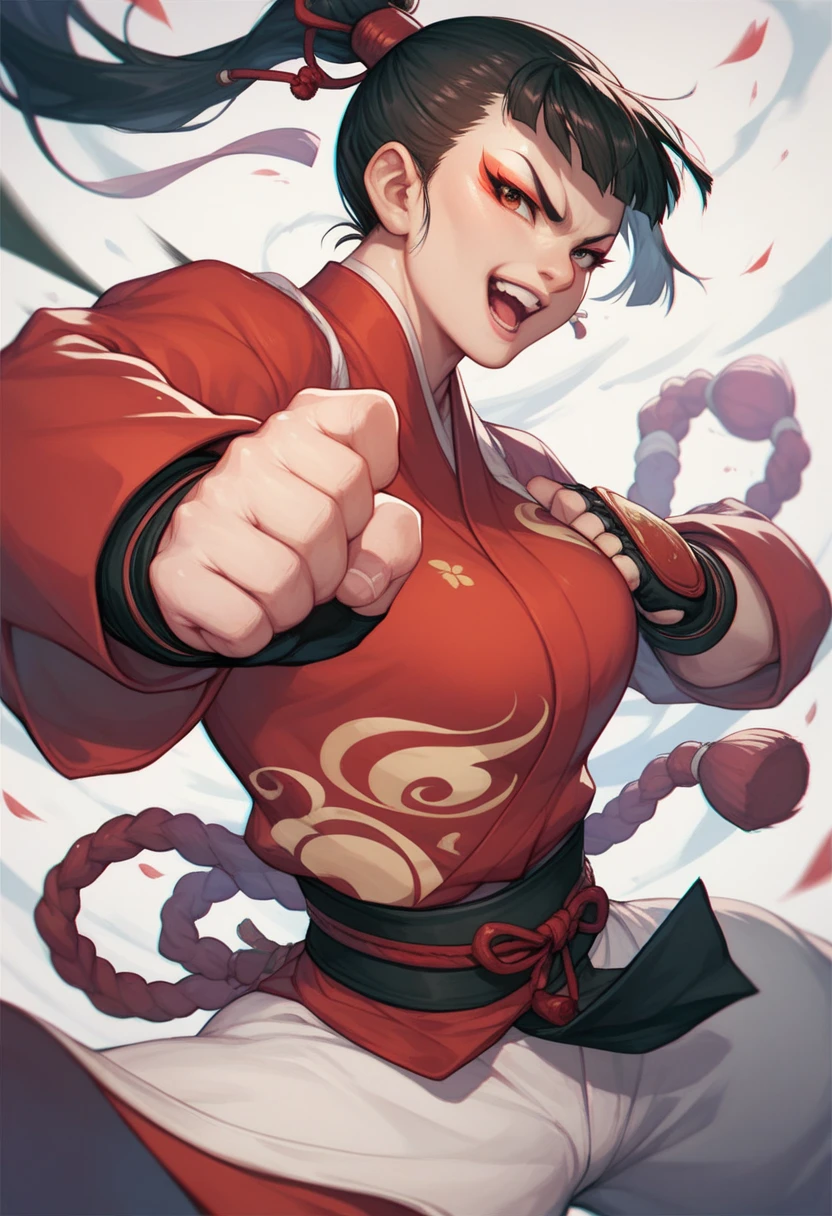 A clairvoyant woman with magical scars looking at her crystal ball and pointing at a speech bubble saying 'muscles are great!' in a funfair marquee at night with pronounced and neat muscles in a badass anime style