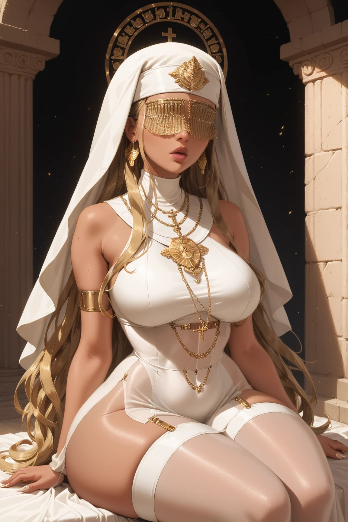 Tanned skin, astral veil, golden hair, long hair with bangs, white nun, golden jewelry, bodystocking, Heart shaped lips, covered eyes, expressionless face, senos enormes, bottomheavy, gigantic ass, massive thighs, (obra maestra, altamente detallado, la mejor calidad, 8k), cuerpo metálico, conciencia gestalt, ancient mage, sacred robes, sitting, looking up, front view