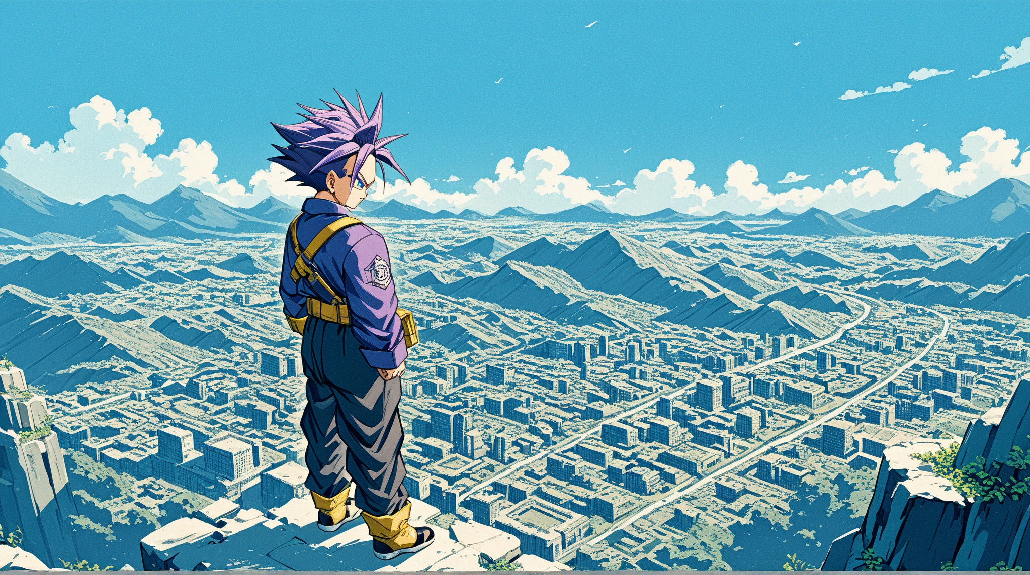 solo, 1boy\((trunsaya:1.0),future,Trunks,20 years old, purple jacket, black muscle shirt underneath, black pants, blue eyes, black pupil, purple hair, yellow shoes with black tips,back view,full body\) standing on top of skyscraper. background\((Ravaged rubble city:1.4)\),(landscape:1.3),score_9, score_8_up, score_7_up, score_6_up, score_5_up, score_4_up, source_anime,source_furry,rating_safe,rating_questionable,masterpiece, best quality, perfect anatomy , very aesthetic , absurdres,scenery, (limited palette:1,2),realistic