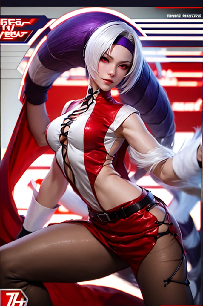 1woman, beautiful, detailed, large breasts, Full body, red eyes, gloves, long white hair, purple bandana hair, foxyms, belt, MASTERPIECE, beautiful face, beautiful body, look at viewer, perfect, pants