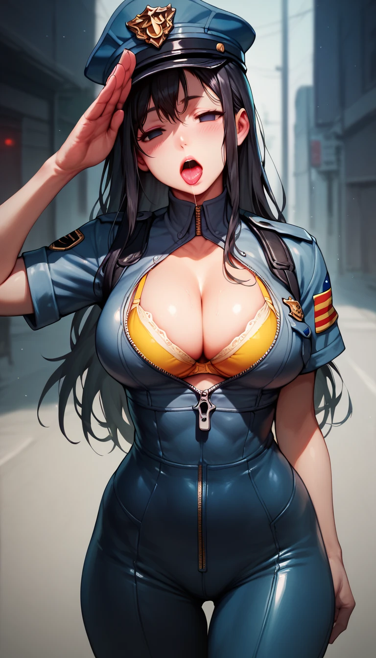 Score_9,Score_8_up,Score_7_up,detailed Anime illustration,high res,Solo Beautiful woman,salute,saliva,open mouth,chestnut mouth,tongue,blush,salute,posing,(large breast:1.15),cleavage,glowing pink eyes,(empty eyes),half-closed eyes,(black long hair),(black long hair),dazed,police cap,futuristic tight police costume,yellow bra,zipper,street,cowboy shot