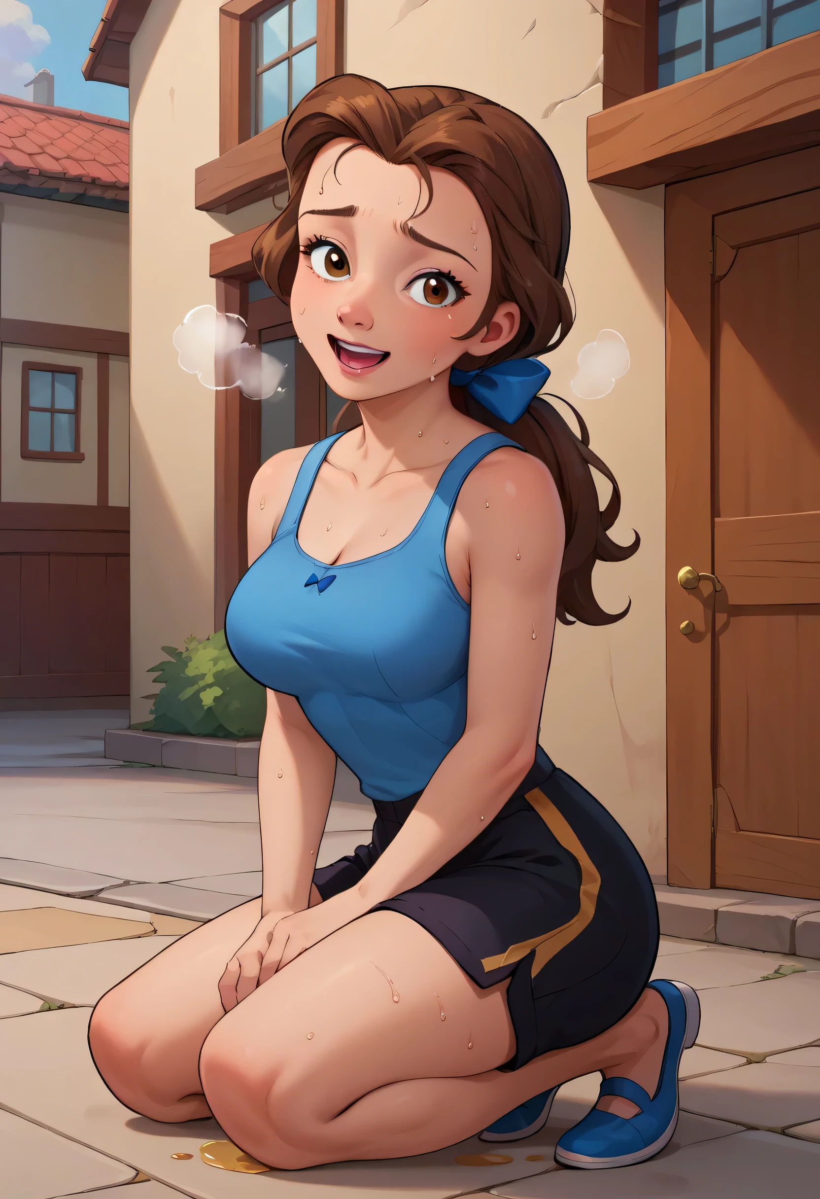 PonyXLV6_Scores ,source_anime, masterpiece,best quality, highly detailed,cinematic, BREAK belle,1girl, solo, brown hair, shirt,brown eyes, smile, blue tanktop, looking at viewer, full body, outdoors, bow, ponytail, open mouth, long hair, hair bow, black shorts, blue bow, large breasts, exhuasted, breathing heavliy,  solo, sweating profusely, open mouth, exhausted, heavy breathing, dripping sweat, puddle of sweat on the ground