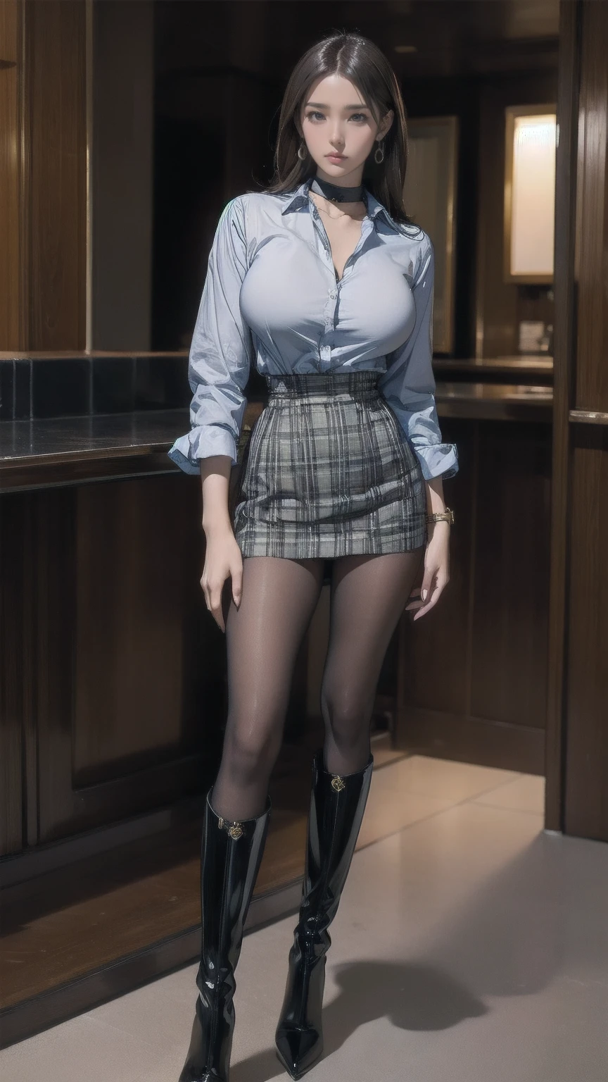 masterpiece,  top quality,  high definition ,  Big Breasts ,  Thin Waist,  long legs , Thin legs, Business shirts, Roll up your sleeves,  Plaid Skirt ,  pantyhose, Tight long boots,  high heels, Earrings,  choker