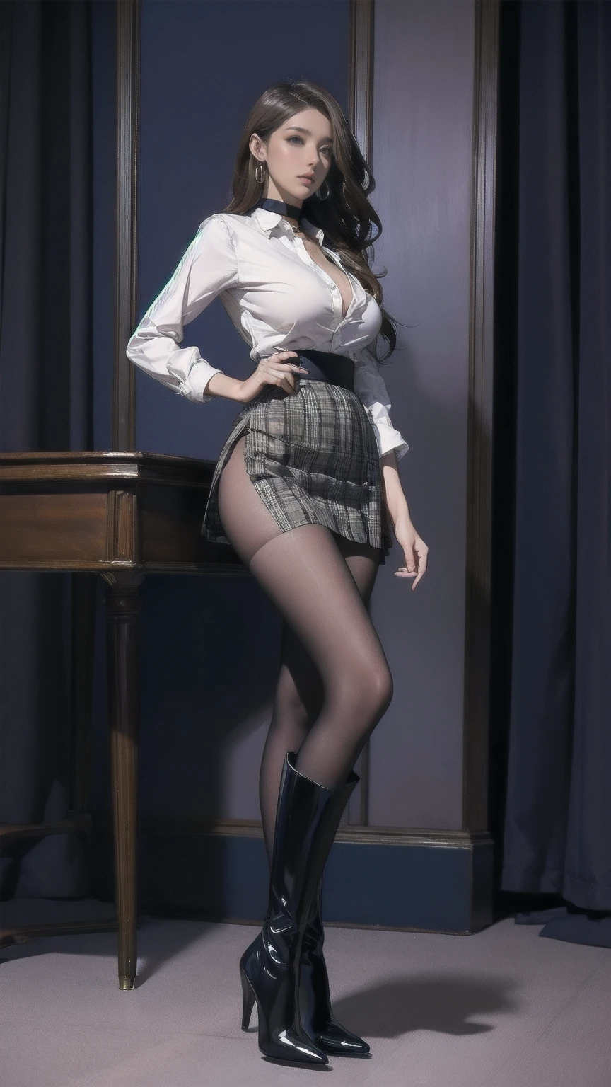 masterpiece,  top quality,  high definition ,  Big Breasts ,  Thin Waist,  long legs , Thin legs, Business shirts, Roll up your sleeves,  Plaid Skirt ,  pantyhose, Tight long boots,  high heels, Earrings,  choker